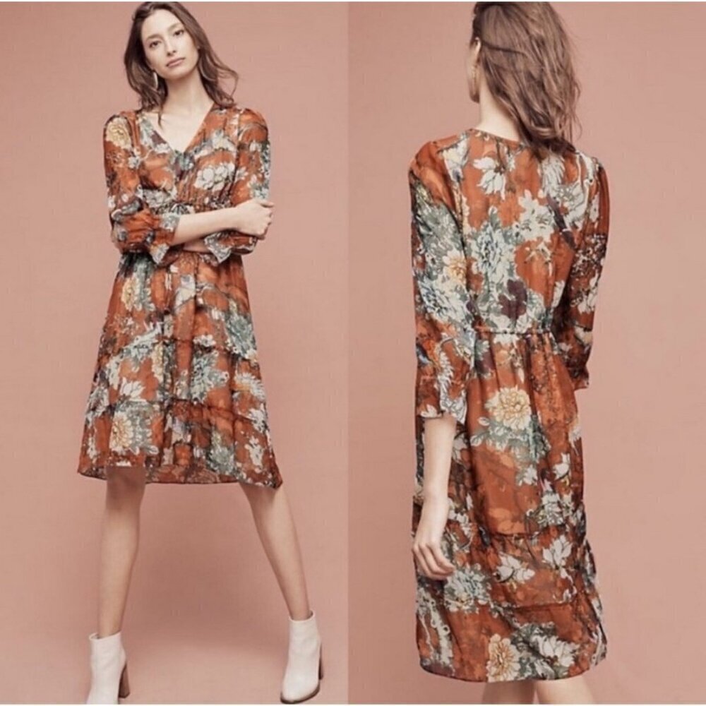 Hemant & Nandita Anthropologie Zeri Floral Tiered Ruffle Midi Dress Women's 2